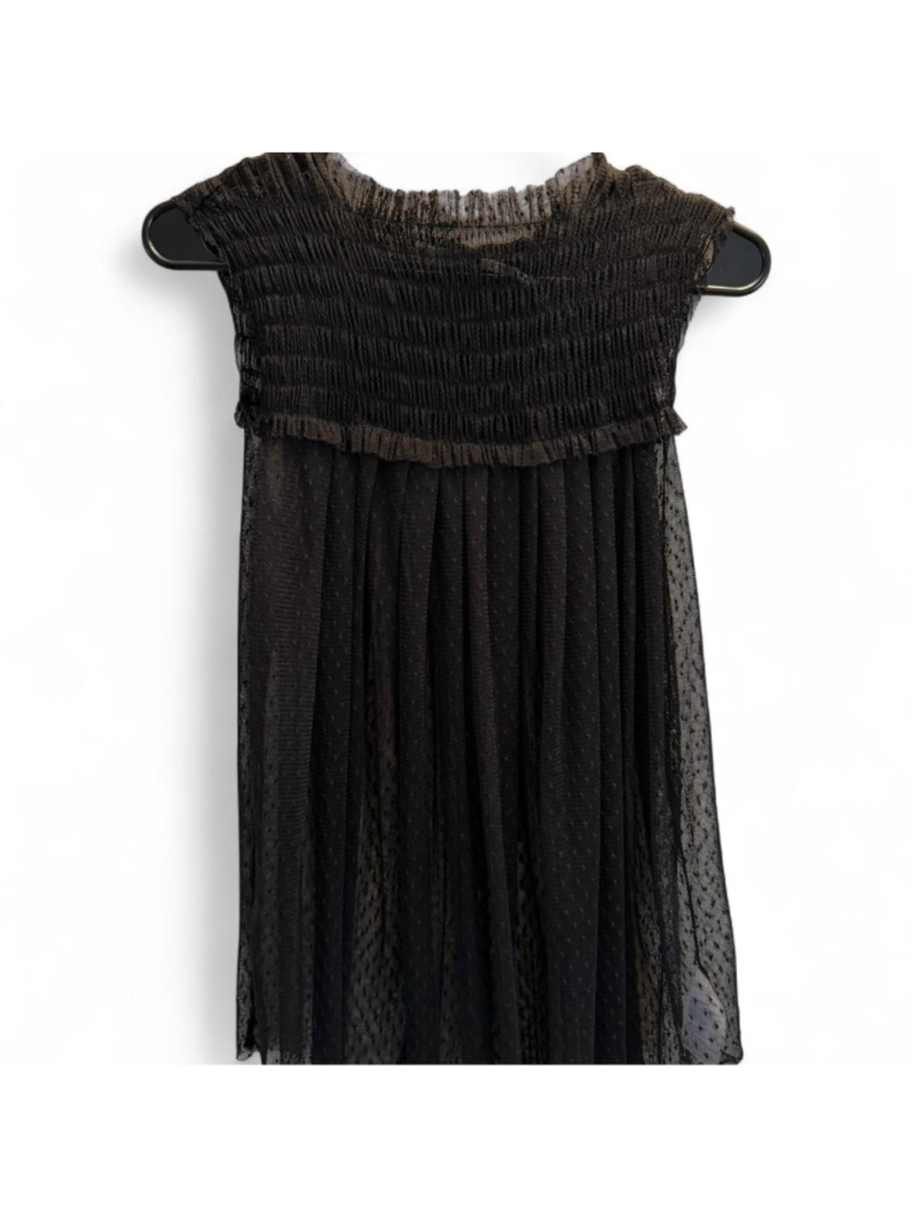 Kimchi Blue black sleeveless polka dot mesh blouse with ruched top and sheer dra